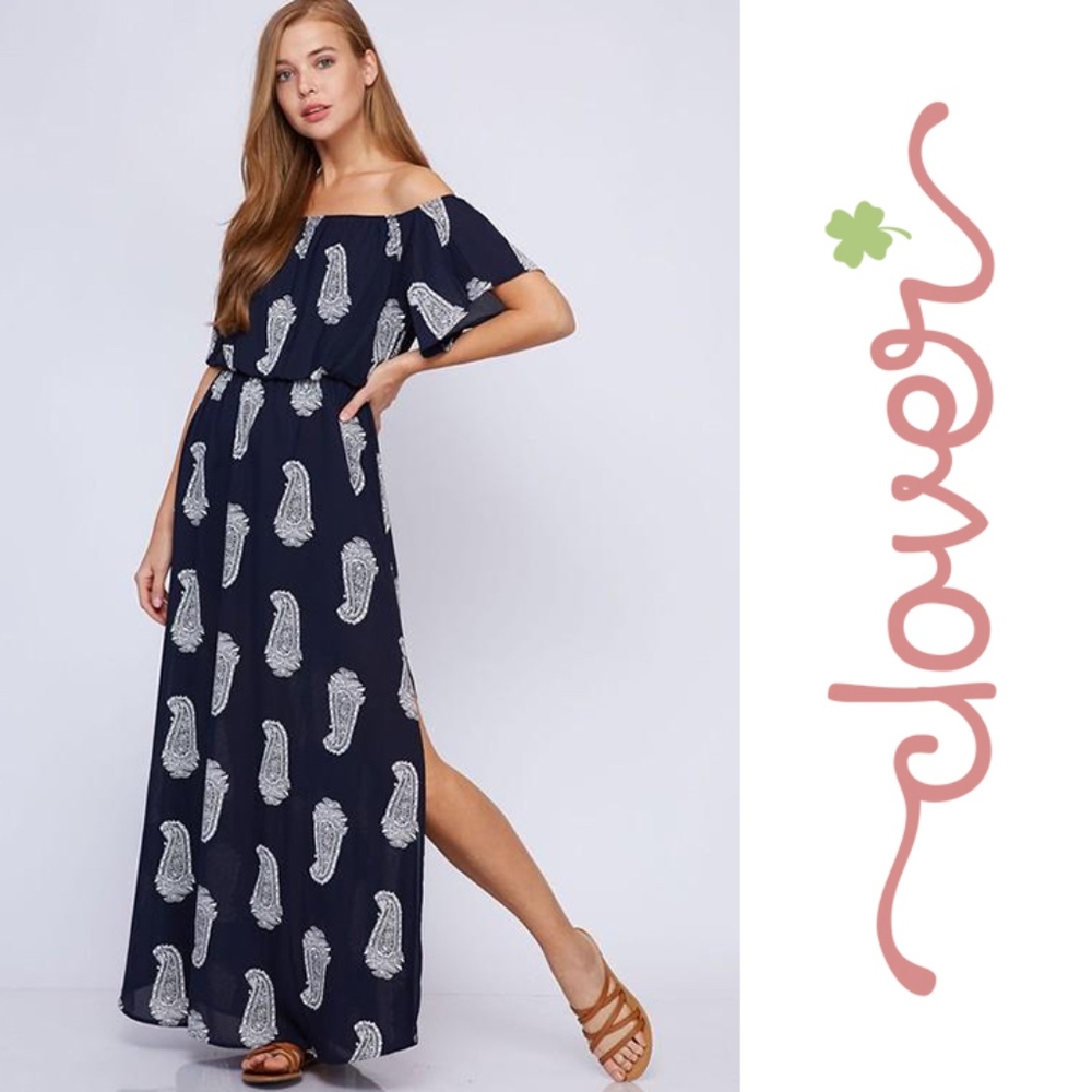 Woven Paisley Feather Print Maxi Dress